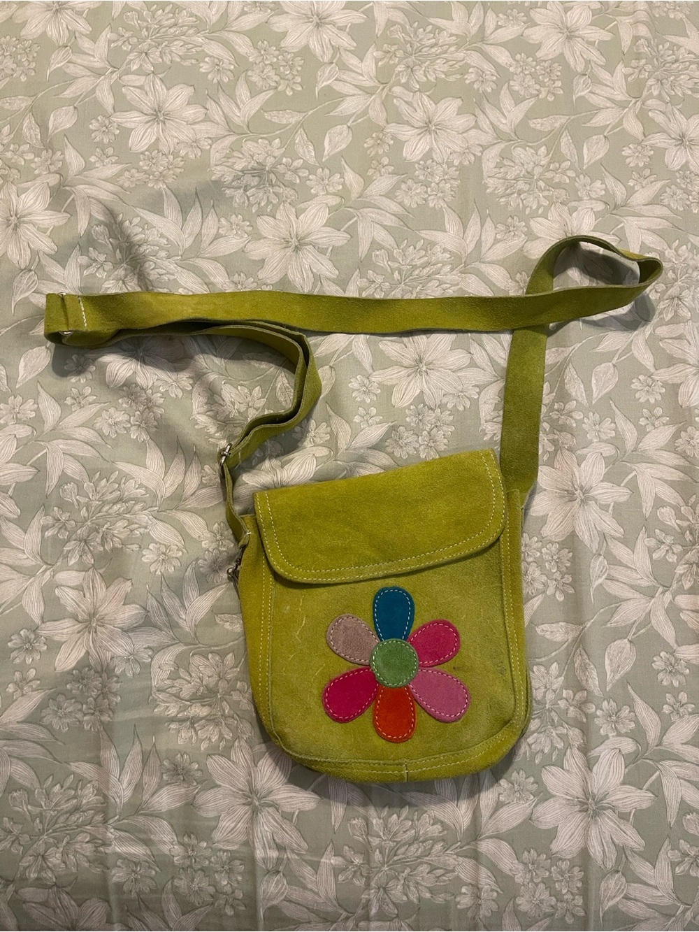 Green faux Suede Crossbody Bag with Colorful Flower Accent